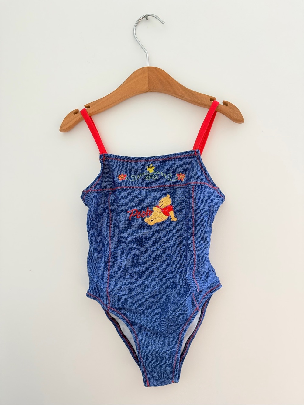 Vintage y2k Disney Pooh embroidery one-Piece Swimsuit with Red Straps 6T